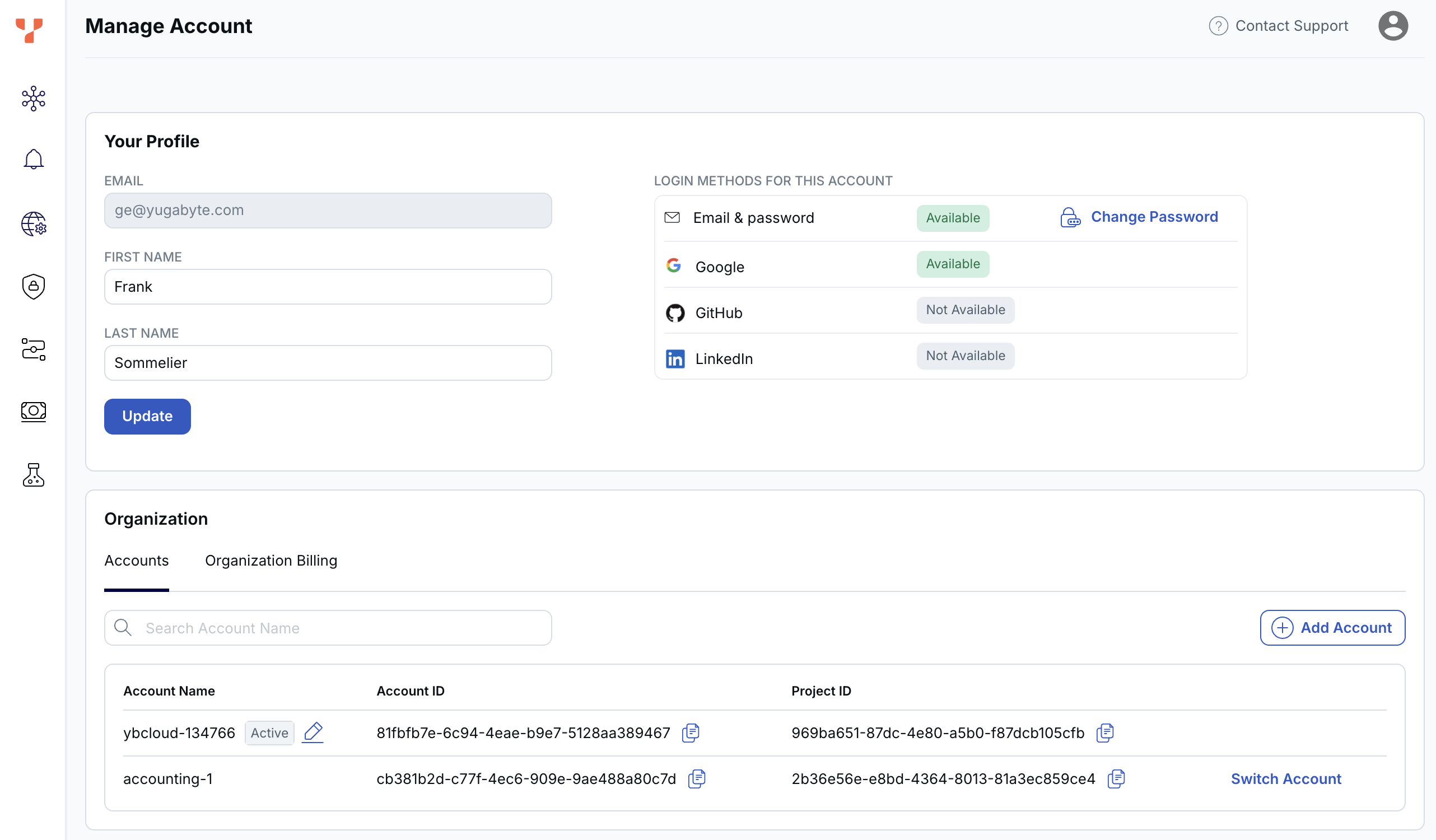 Accounts page Accounts page